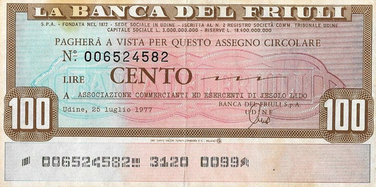 Italia - 100 Liras 1977 (# Nl) Cheque