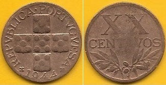 Portugal - XX Centavos 1944 (Km# 584)