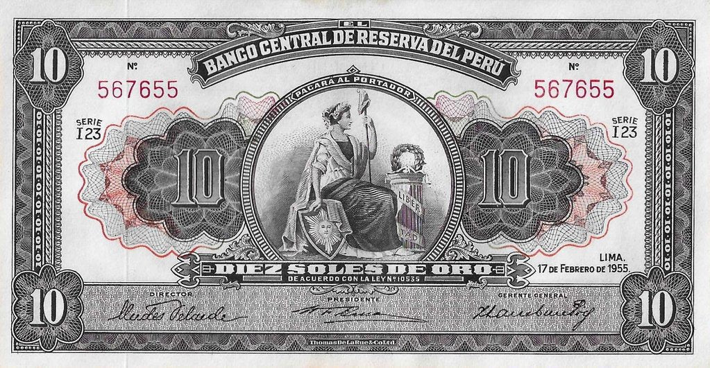 Peru - 10 Soles Ouro 1955 (# 71a)