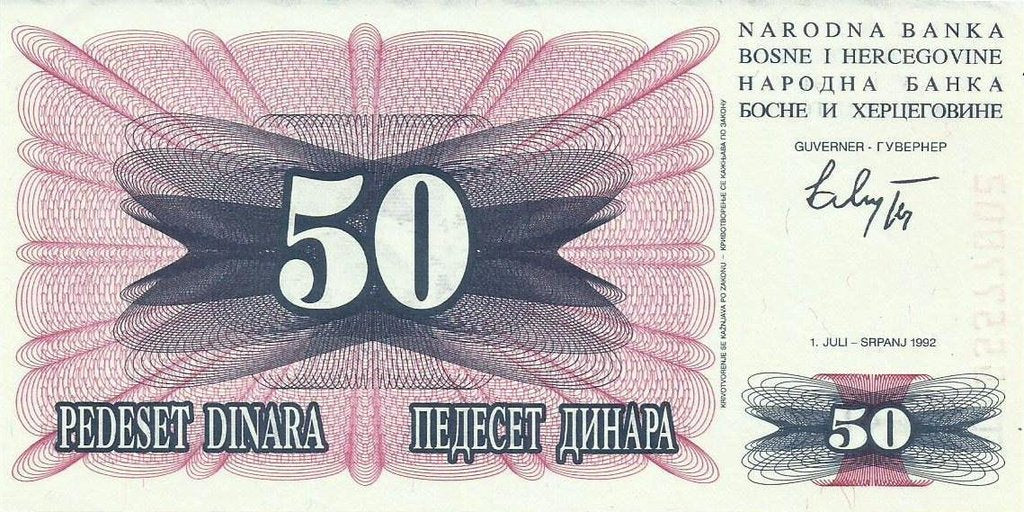 Bosnia Herzegovina - 50 Dinara 1992 (# 12a)
