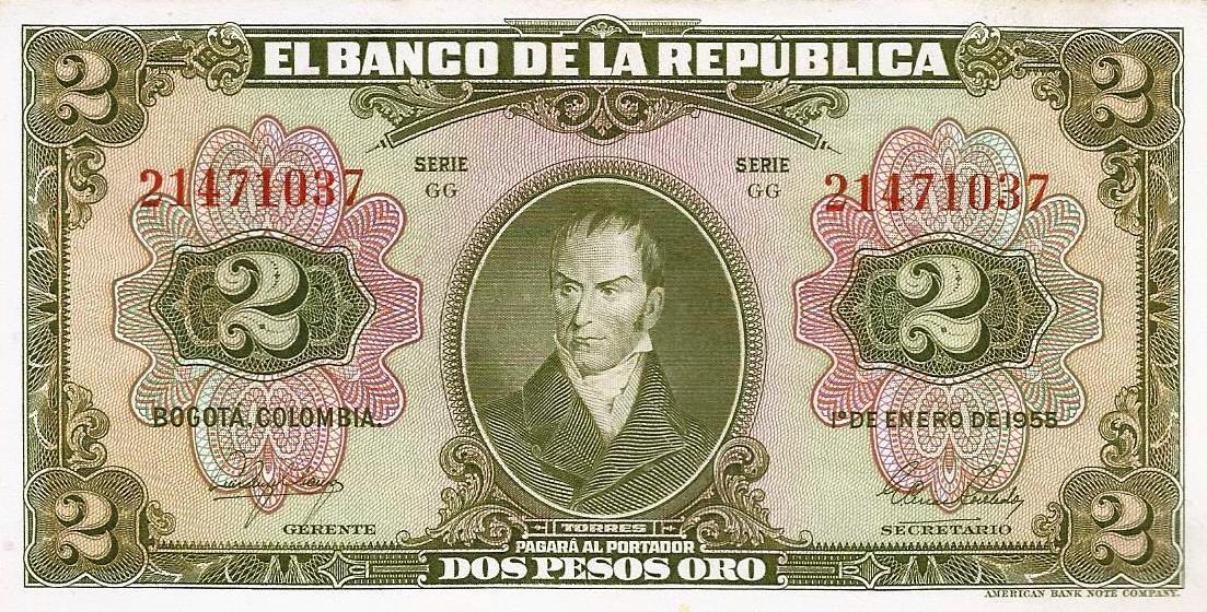 Colombia - 2 Pesos 1955 (# 390d)