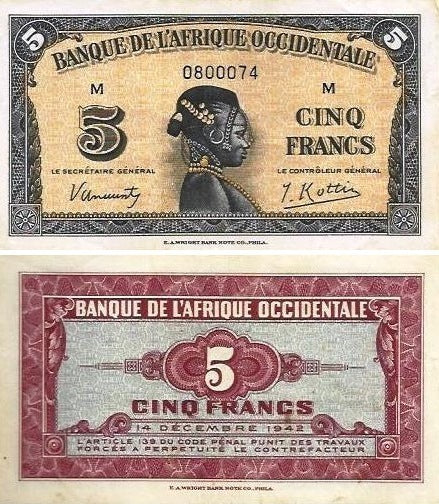 French W. Africa - 5 Francos 1942 (# 28a)