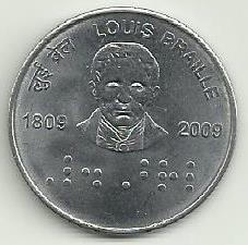 India - 2 Rupias 2009 (Km# 368) Louis Braille