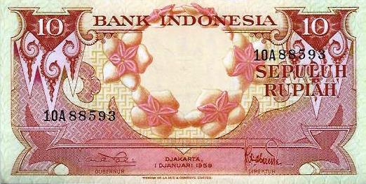 Indonesia - 10 Rupias 1959 (# 66)