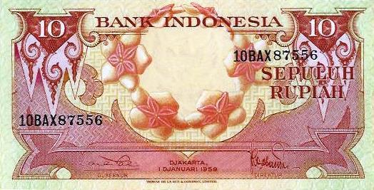 Indonesia - 10 Rupias 1959 (# 66)