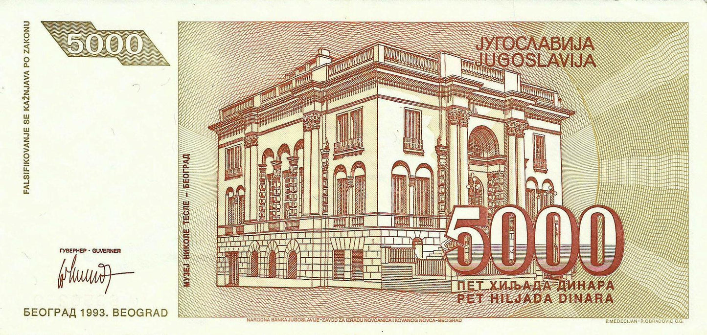 Jugoslavia - 5000 Dinara 1993 (# 128)