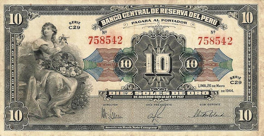 Peru - 10 Soles Ouro 1944 (# 67a)