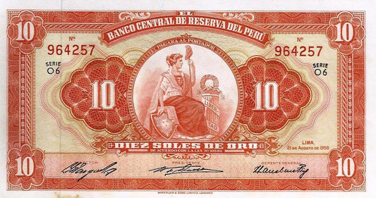 Peru - 10 Soles Ouro 1958 (# 82)