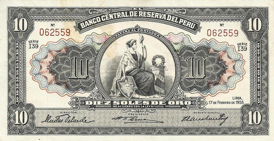 Peru - 10 Soles Ouro 1955 (# 71a)
