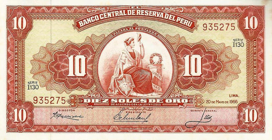 Peru - 10 Soles Ouro 1966 (# 84a)