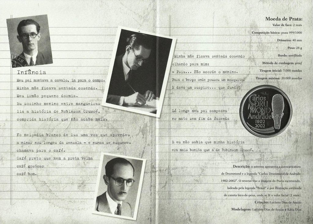 Brasil - 2 Reais 2002 (Km# 657) Carlos Drummond de Andrade